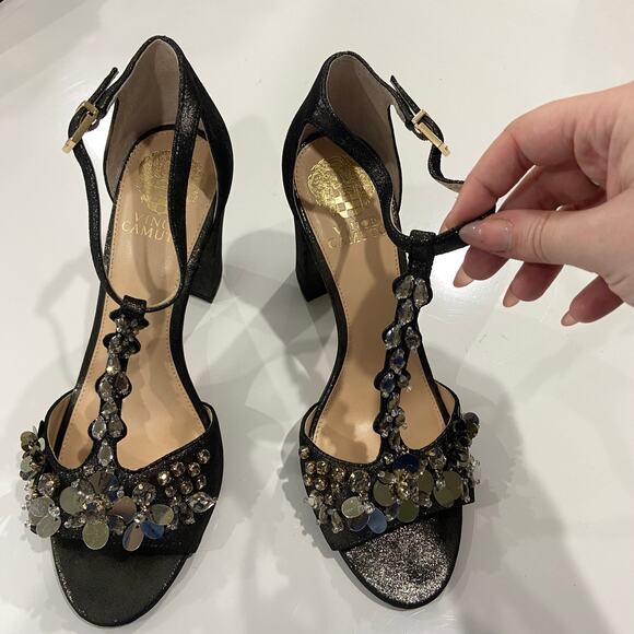 Vince Camuto Beaded Block Heels 8.5 Serafine Jeweled Suede T-Strap Heels - Picture 4 of 10